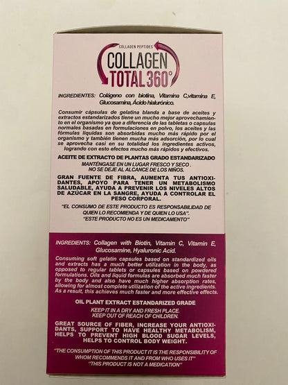 Suplemento Premium Colageno Collagen TOTAL 360 Biotina Vitamina C Vitamina E 60 Soft Gels